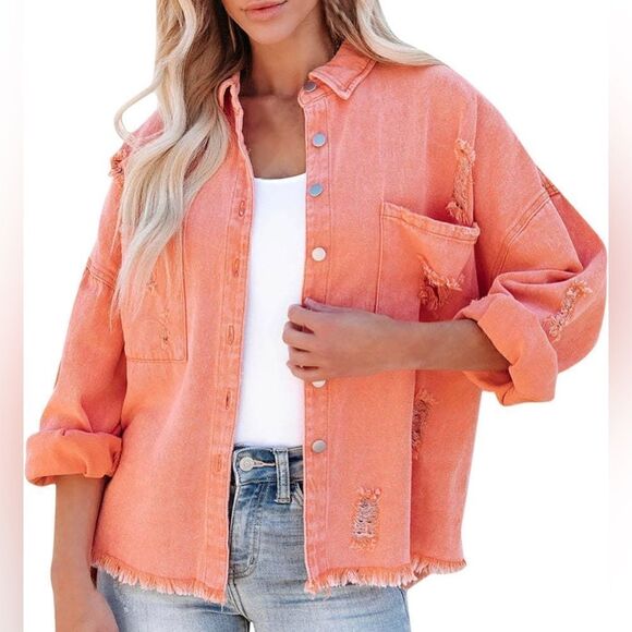 NWOT Pol boho frayed boho chic coral peach button up Shacket Sz M - Picture 1 of 8